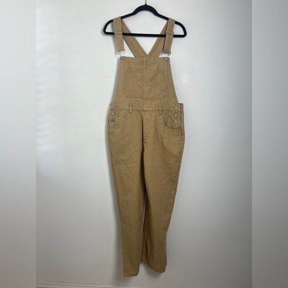 NEW Anrabess Small 4/6 Khaki Denim Overalls Cross Back Design Pockets Casual - Picture 2 of 14
